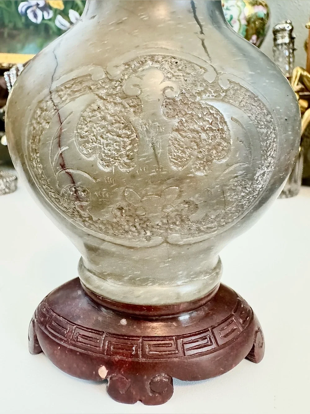 Vintage Chinese Hand-Carved Soapstone Vase – Phoenix & Bat Motif
